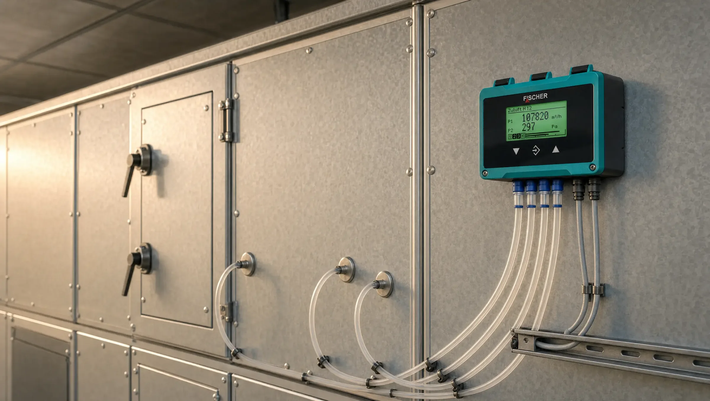 FISCHER PRO-LINE DE90 an einer Lüftungsanlage mit Messschläuchen an Filter und Ventilator