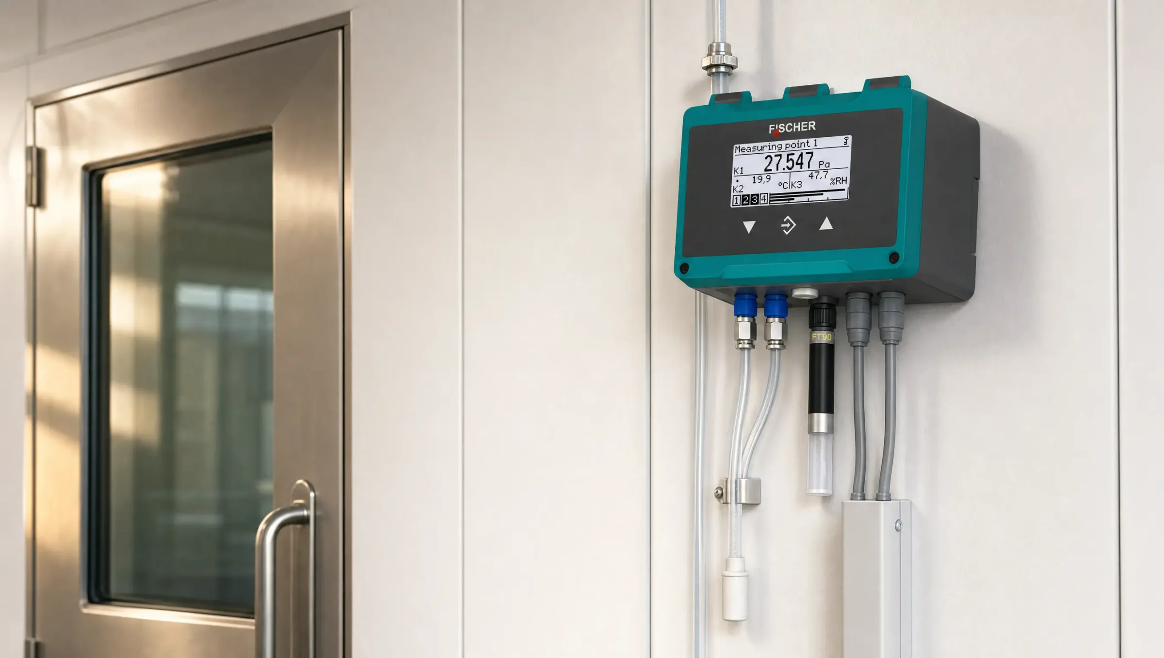FISCHER PRO-LINE FT90 an einer Reinraumwand, Druckschläuche und Kabel angeschlossen