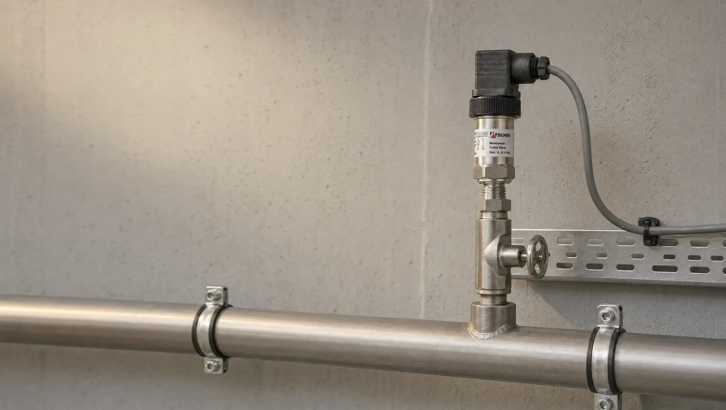 FISCHER Drucktransmitter ME13 auf einem Absperrventil an einer Edelstahl-Wasserleitung